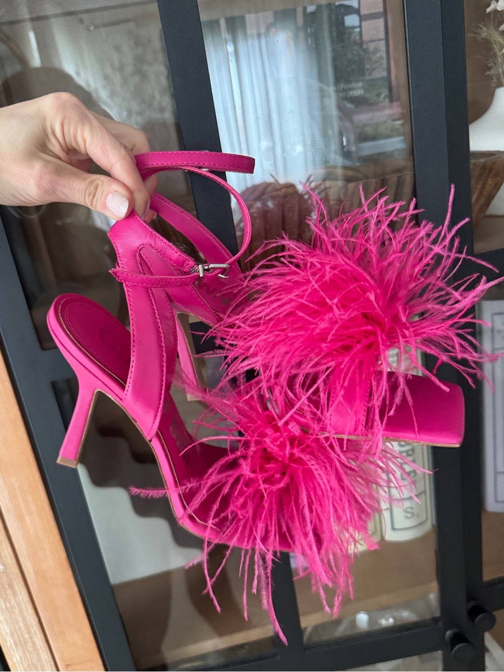 NWOT Gianni Bini feather heels hot pink pompom fuzzy high open toe ankle strap